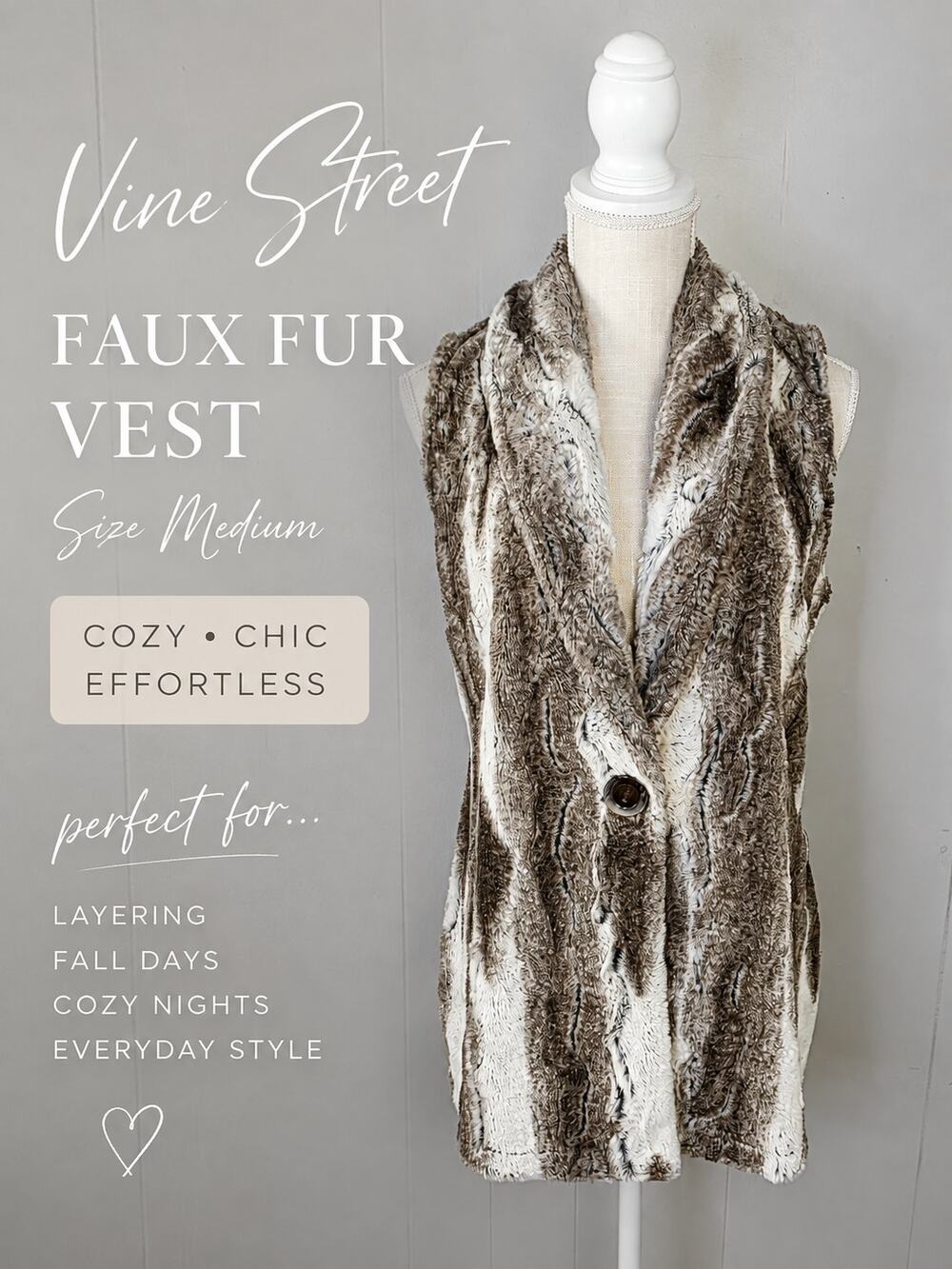 Vine Street Faux Fur Vest Medium Brown Made In USA Cozy Cabin Fall Winter Luxury